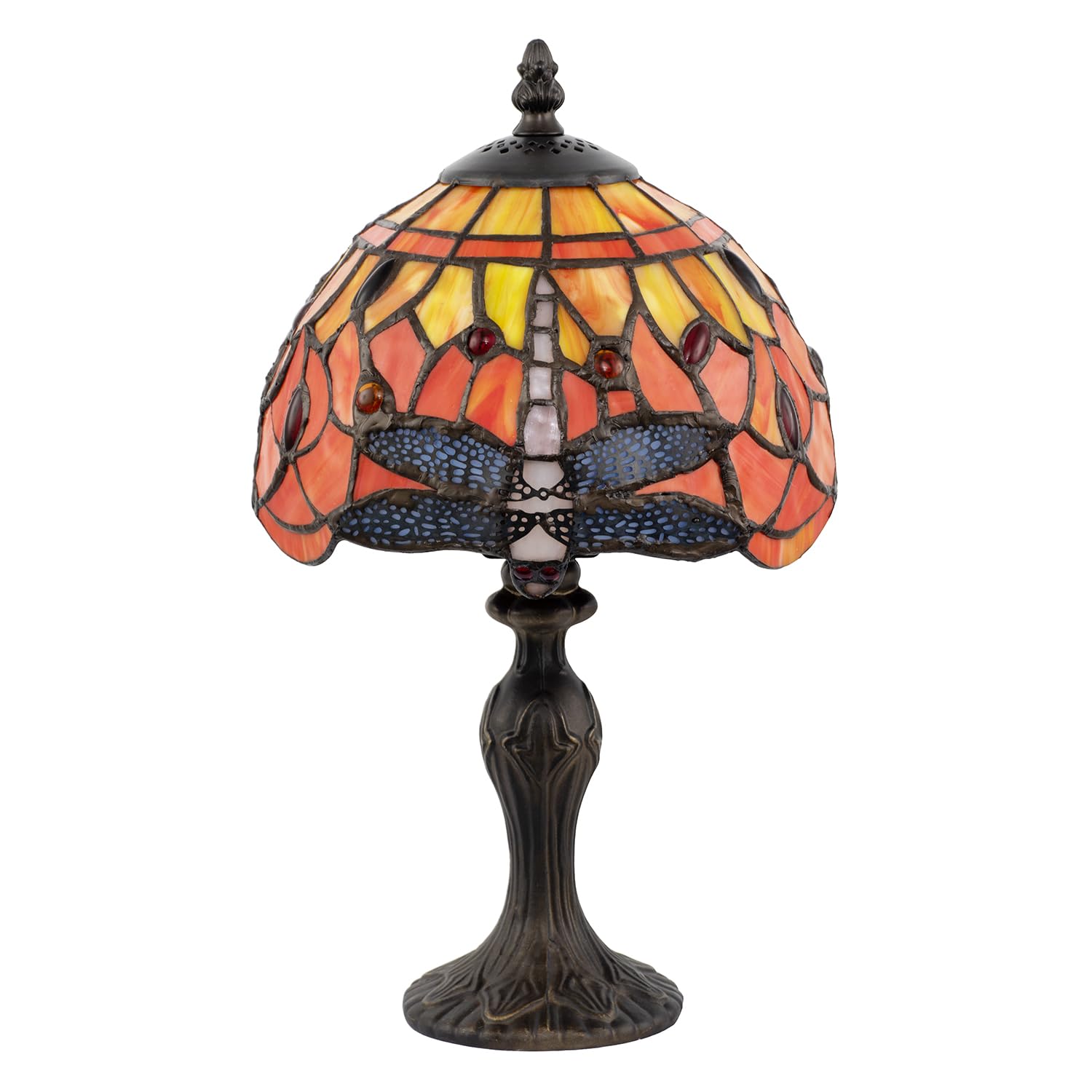 Happy Homewares Orange/Amber Hand Crafted And Stained Glass Dragonfly Tiffany Lamp