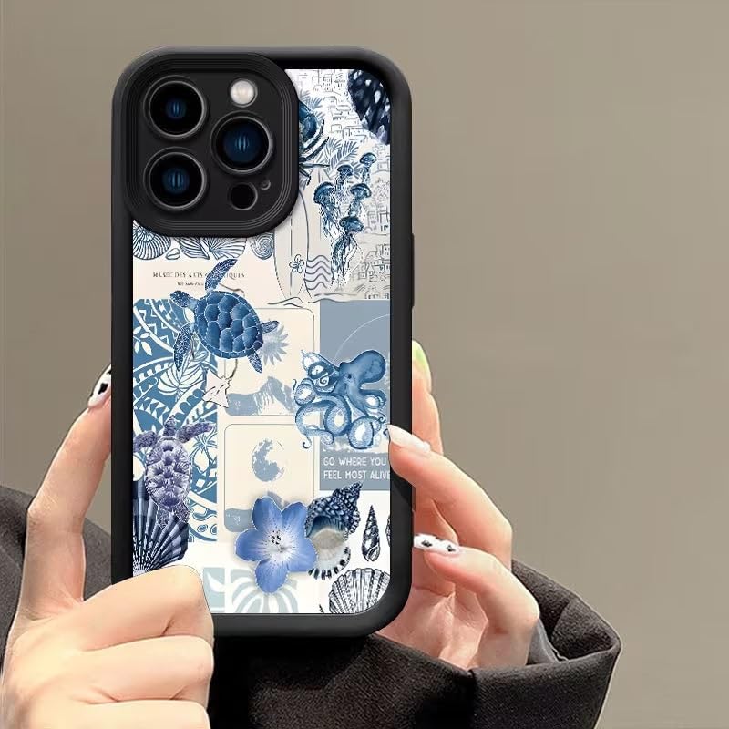 Image of COVERLY Blue Sea Turtle Back Case for iPhone 15 Pro Max | Hot 3D Ocean Summer Vibe Floral Cute Design | Lens Protection | Soft TPU Silicone Aesthetic Print Cover for Girls & Women (Black, Shockproof)