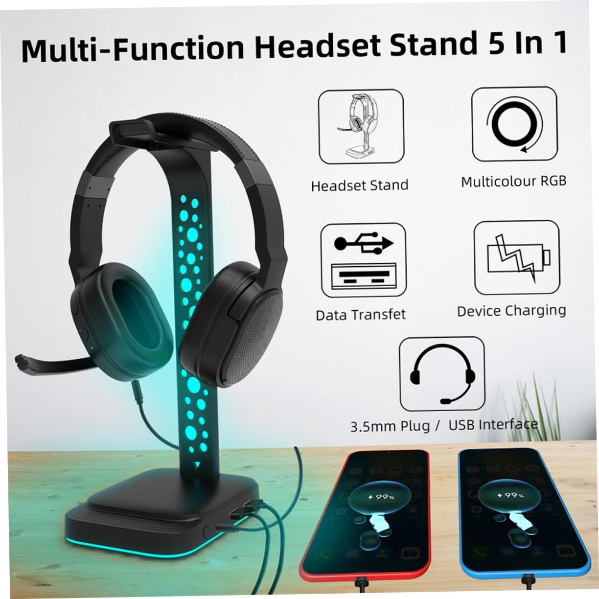 Tofficu Soporte para Auriculares Gaming Diseño Multipropósito y RGB LED para Escritorio, Material Abs Negro Doble USB para PC de Juego