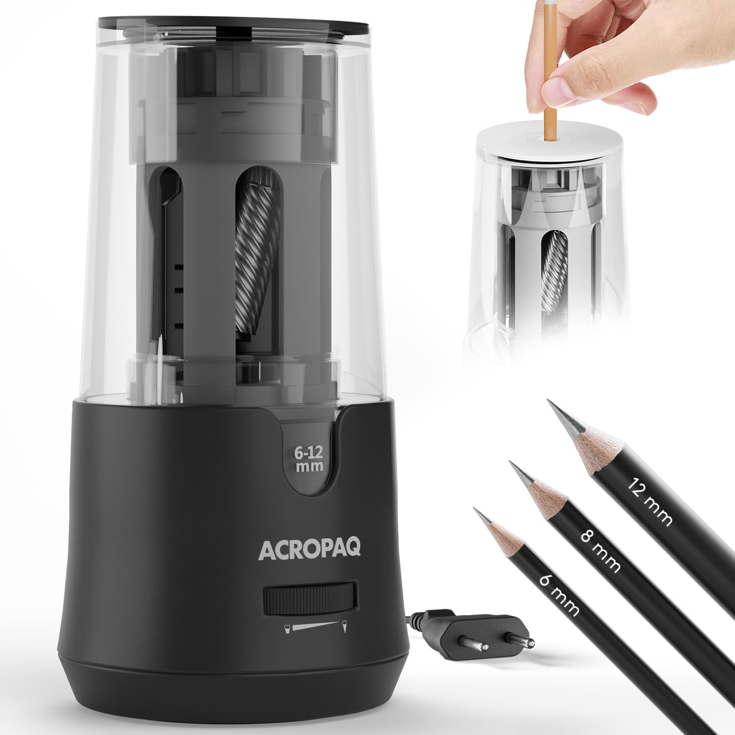 ACROPAQ Elektrischer Bleistiftspitzer für 6-12 mm Bleistifte, scharfe und stumpfe Spitze, feine Spitze in 3-5 Sekunden, Schwarz, Bleistiftspitzer mit Reservoir