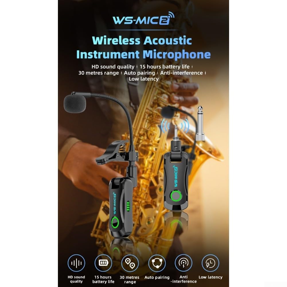 Sistema de micrófono inalámbrico para saxofón 48K 16bit audio digital baja latencia 12ms 40M rango batería de litio recargable 2 4GHz banda clip en para saxofón trompeta negro