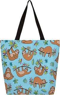 Sacola de lona feminina animal preguiça folha de palmeira sacolas grandes para homens com bolsos sacolas de compras resistentes reutilizáveis sacolas de compras, bolsa de ombro casual para escola, trabalho, praia, Multicor