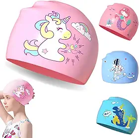 Touca de Natação Infantil em Silicone, Impermeável, Desenhos Divertidos, Rosa e Azul