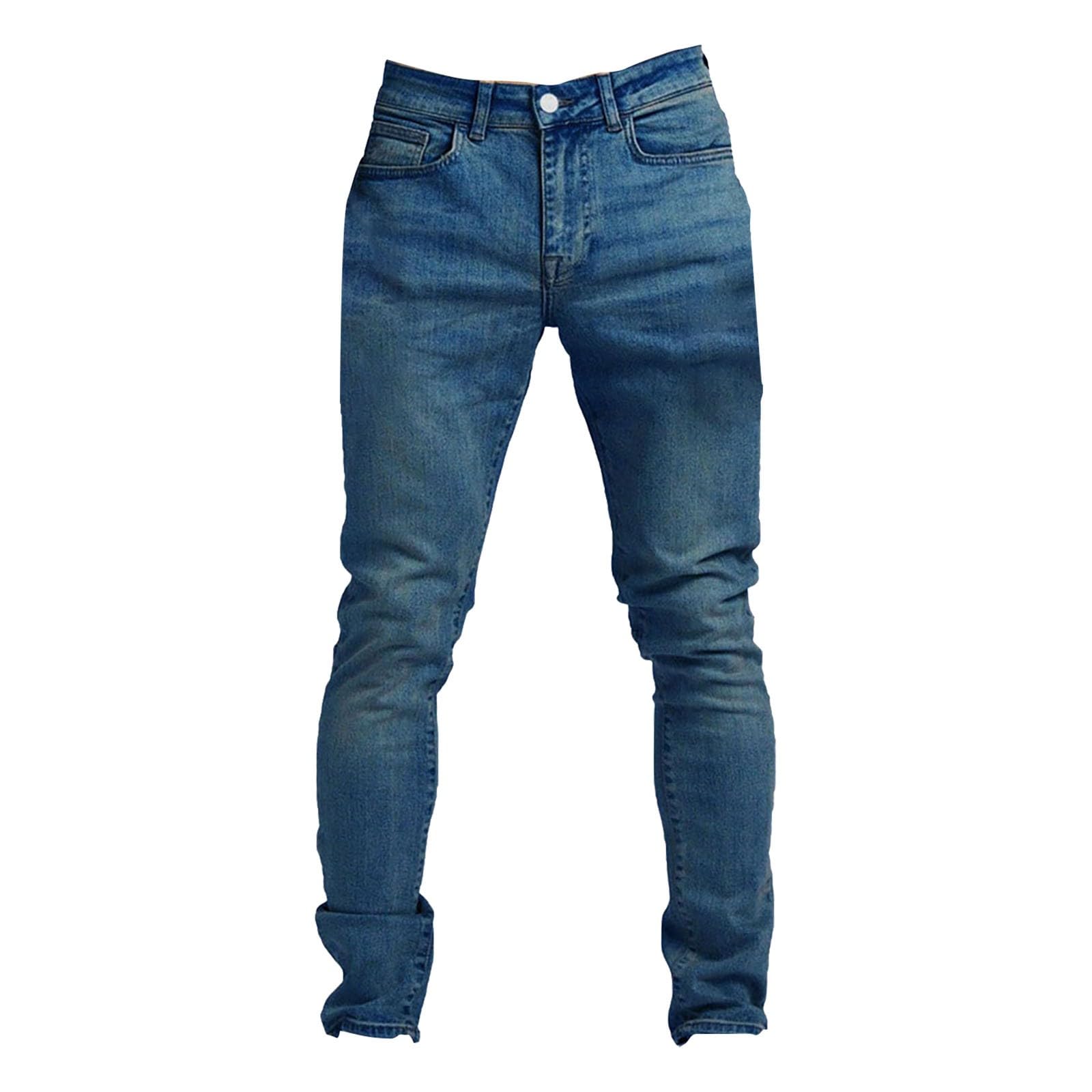 Men Skinny Fit Biker Jeans Destroyed Knee Holes Regular Slim Fit Tapered Stretch Fashionable Super Comfy Cotton Denim Jeans