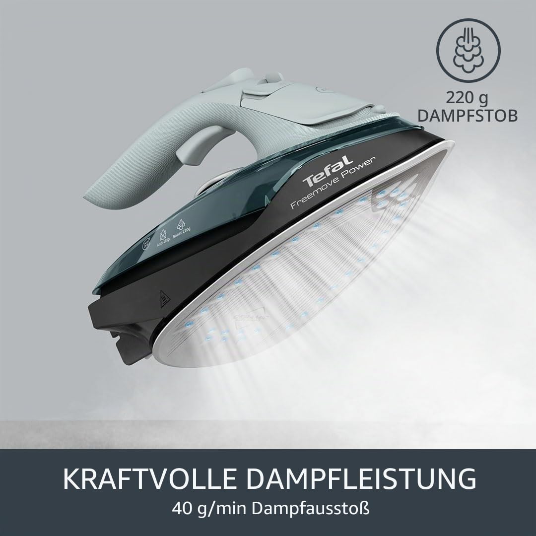 Tefal Freemove Power FV6672G0 Dampfbügeleisen, kabellos, 2600 W, 40 g/min kontinuierlicher Dampf, 220 g, 11 Sekunden Aufladung, leicht, 960 g, Keramiksohle, automatische Abschaltung, auslaufsicher