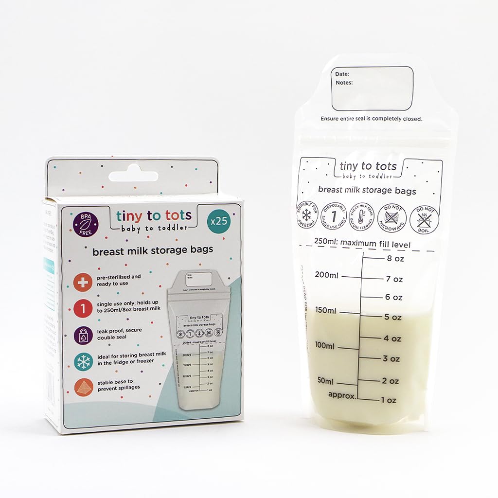 Breast Milk Storage Bags 25 Pack Breastmilk Pouches for Fridge or Freezer Use, Store Flat or Standing, BPA and BPS Free, Pre-Sterilised, Double Zipper Seal Multi Pack Tiny to Tots