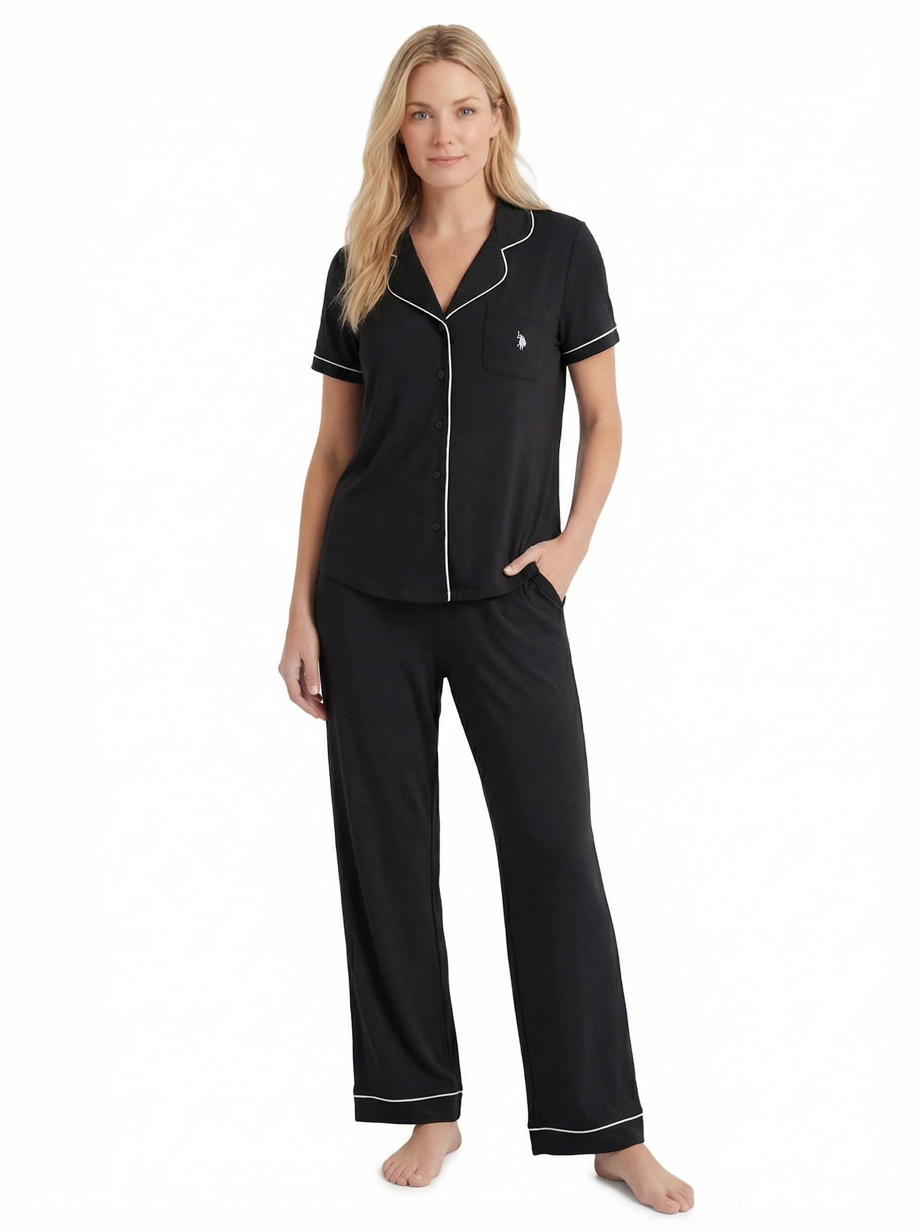 U.S. POLO ASSN. Womens Pajama Sets 2 Piece Button Down Short Sleeve Top & Long Pants with Pockets (Black, Large)