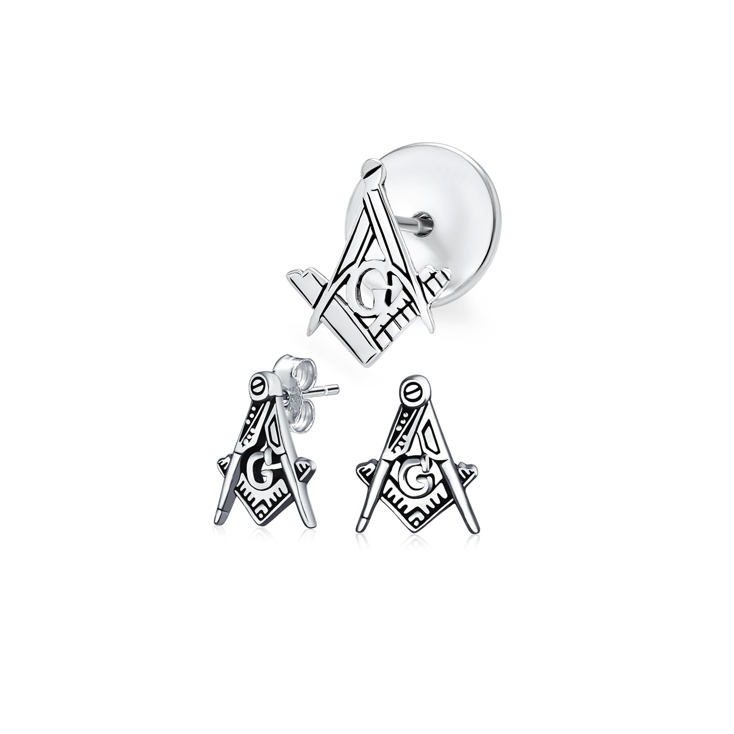 Unisex Compass Masonic Freemason Push Pin Pendant Stud Earrings For Women Oxidized .925 Sterling Silver