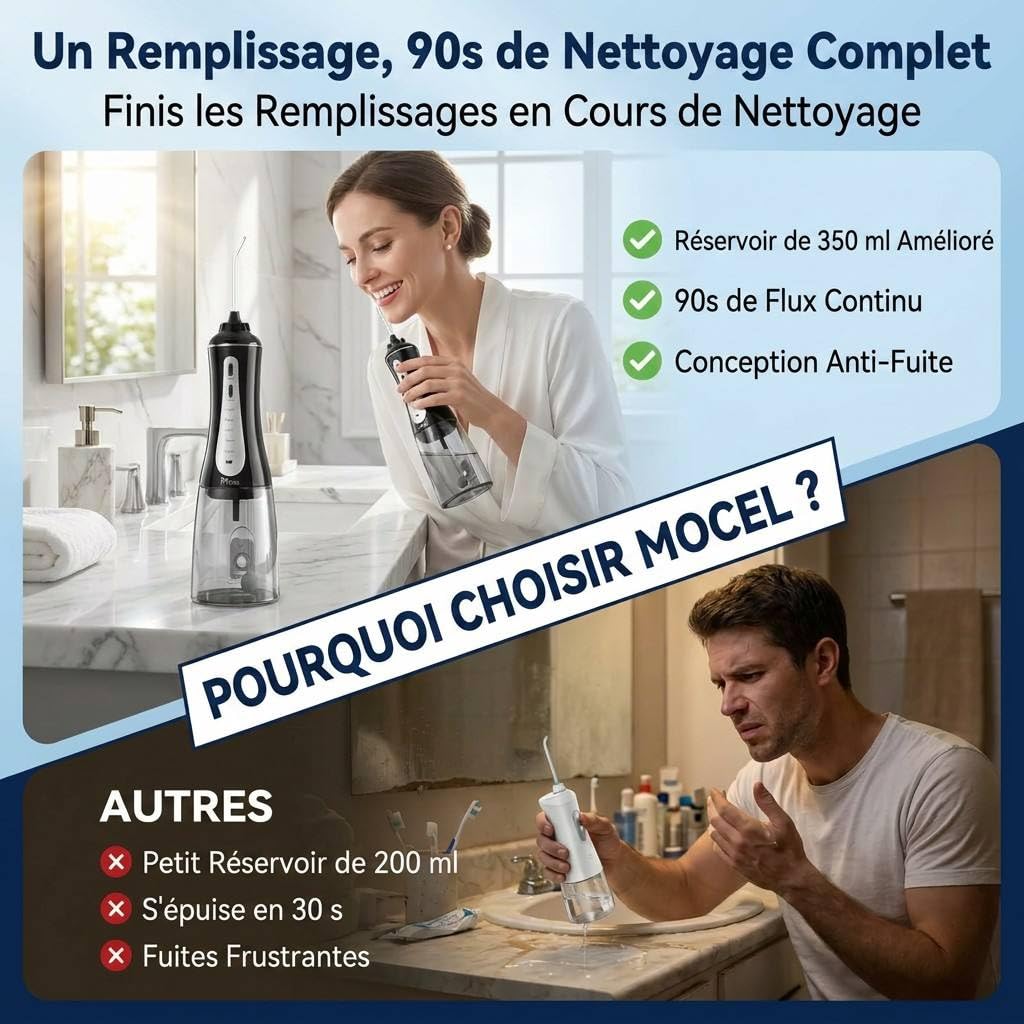 Jet Dentaire Hydropulseur Sans Fil MOCEL 5 Modes, Irrigateur Portable 350ml avec 6 Embouts Rechargeable Étanche IPX7 pour Soins Appareil Dentaire