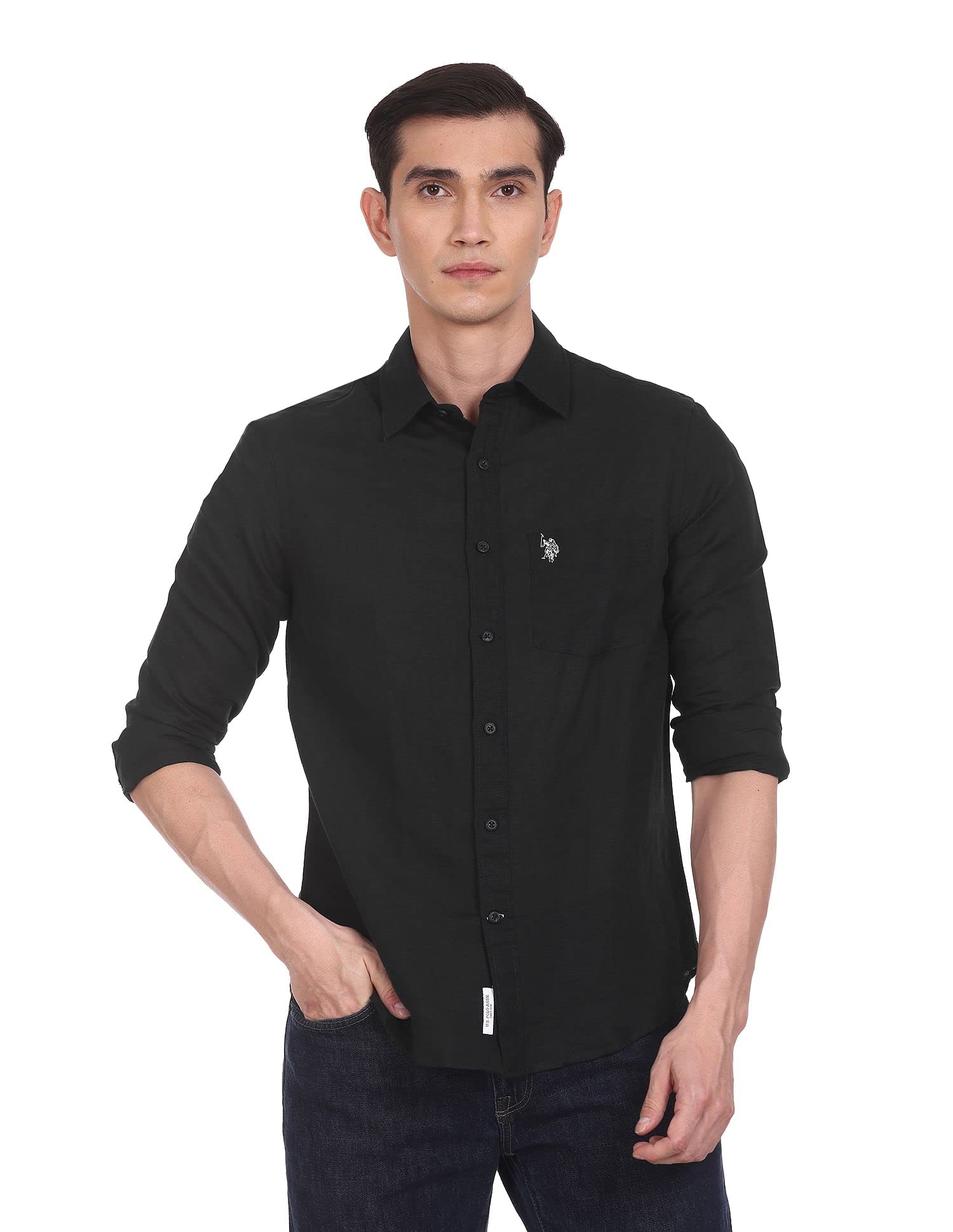 u.s. polo assn. Men's Solid Cotton Linen Tailored Fit Spread Collar Casual Shirt-picture-33