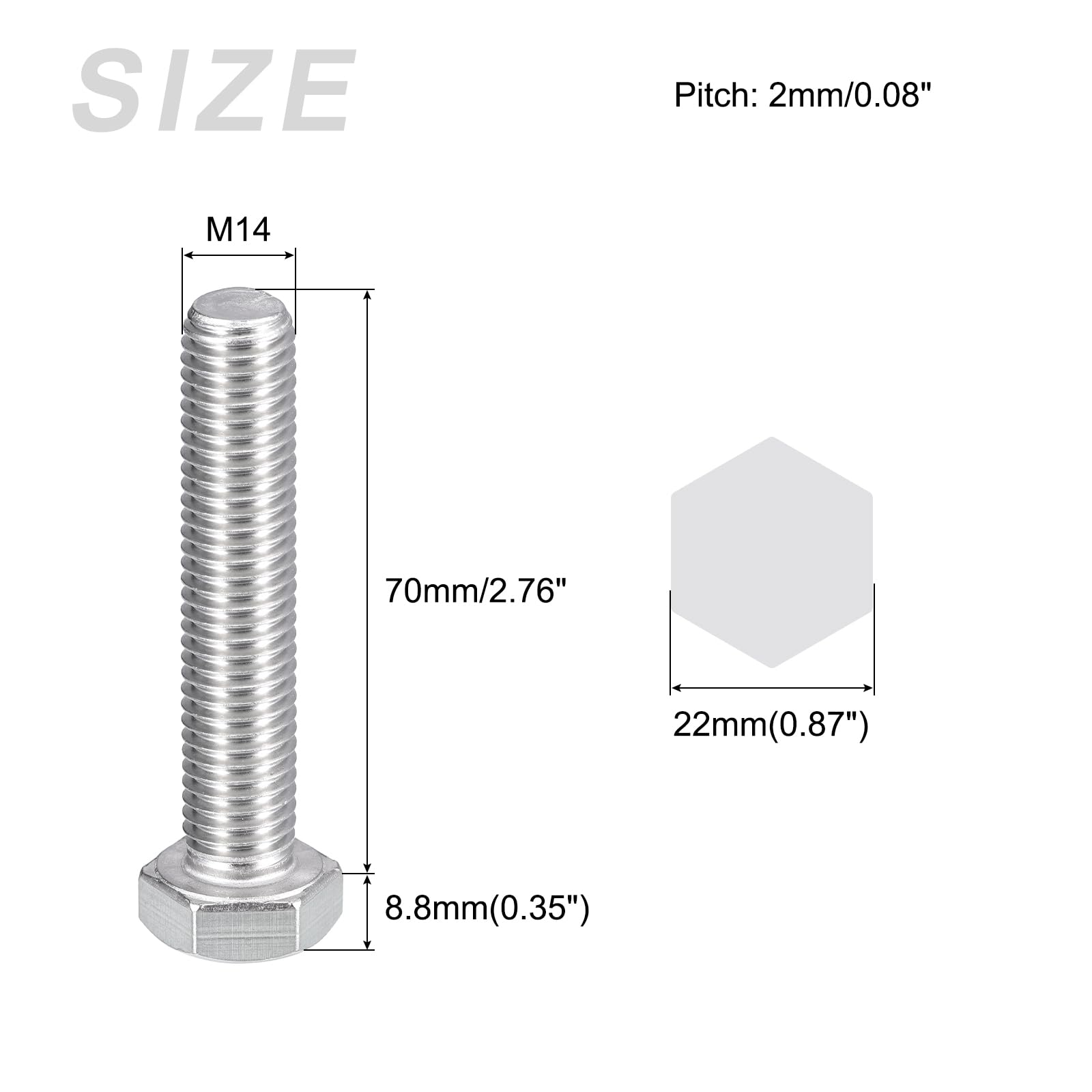 METALLIXITY Hex Bolts (M14-2x70mm) 2Pcs, 304 Stainless Steel Coarse Fully Threaded Hex Head Screw Bolt Machine Screws - for Furniture Repair, Silver - Image 2