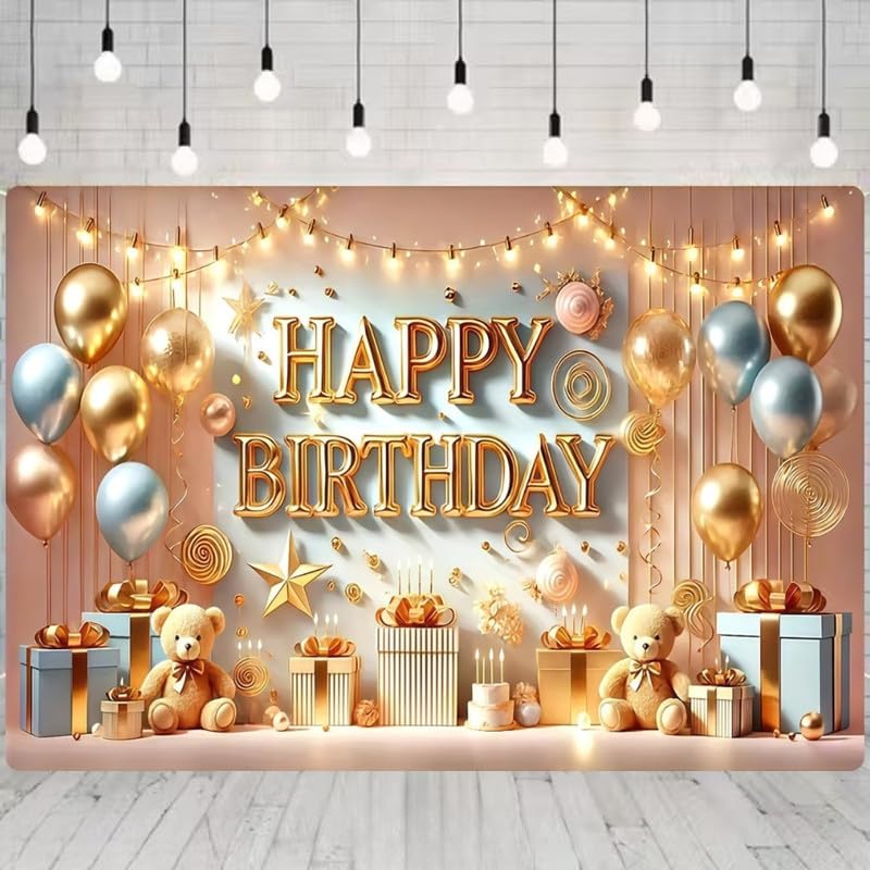 Image of Elegant Birthday Backdrop - Gold and Balloon Decor with Teddy Bear, Gifts & Candles for Party Photoshoots (Pack of 1)