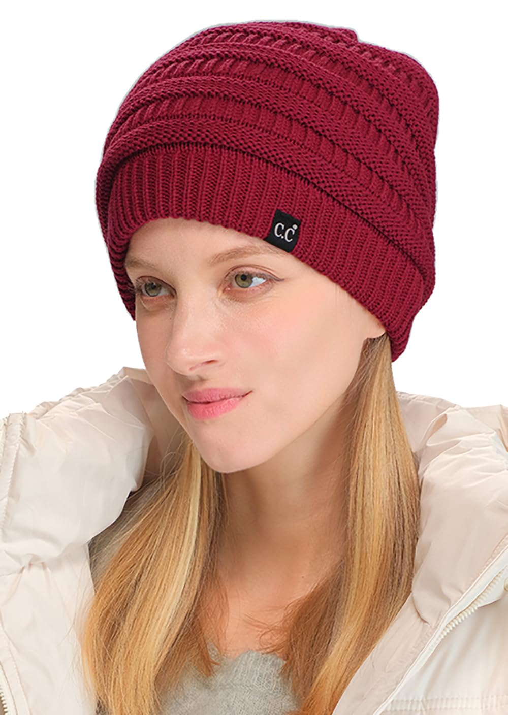 C.C Beanie Oversized Hat with Fuzzy Lining – Thick Knit Thermal Beanie for Cold Weather, Soft Warm Fleece Lined Cap