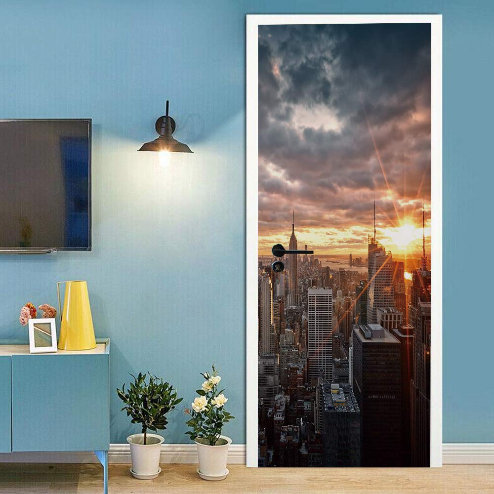 Sticker de porte trompe l'oeil paysage urbain crépuscule 88x200cm