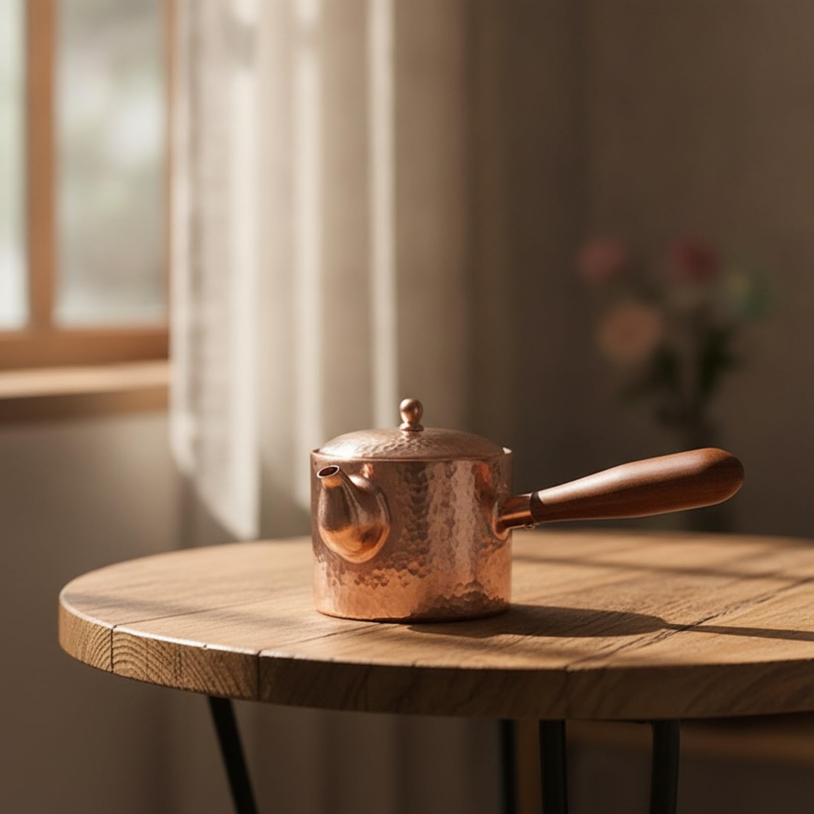 Tetera Cobre Martillado Tetera con Tapa Artesanal Hervidor para Coleccionistas, Aficionados l Té, Cocina, Mango De Madera