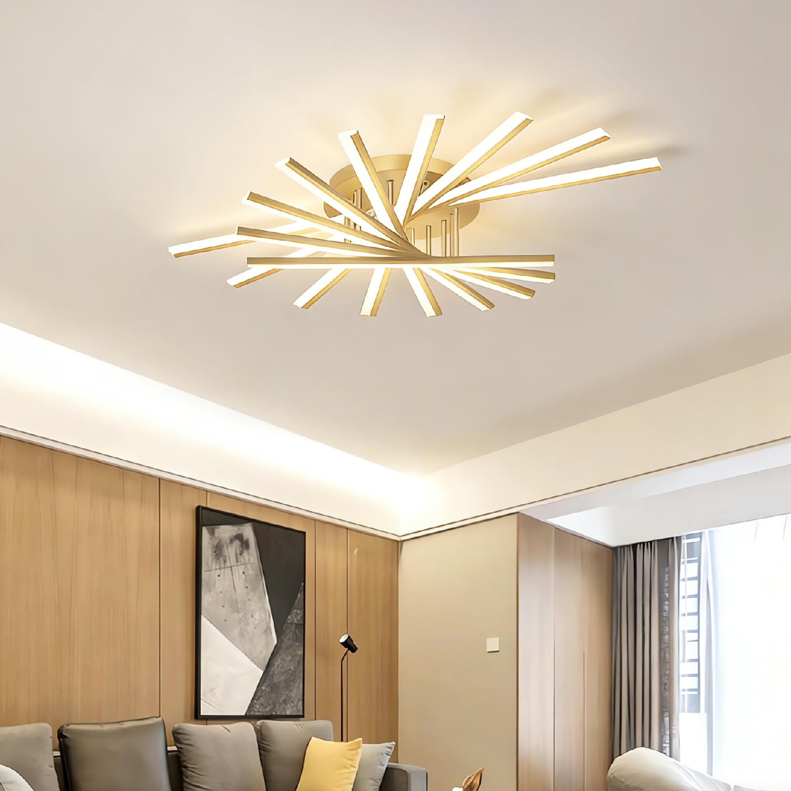 Plafones 7/9 cabezas Negro Y Oro Led Plafones Flush Mount Lámpara de Techo Blanco Regulable con Mando a Distancia para Dormitorio Salón Oficina (Oro, 120CM)