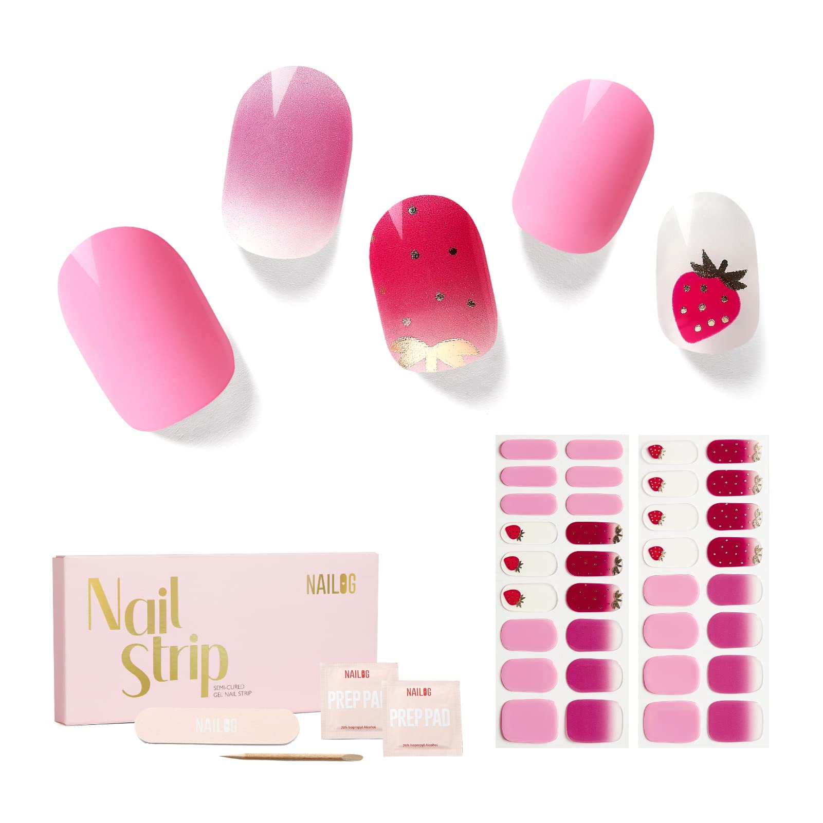NAILOG Semi Cured Gel Nail Strips, 34 pcs Salon-Quality Gel Nail Stickers, Long Lasting Nail Wraps for Women with Soft Gel Finish | Strawberry Love