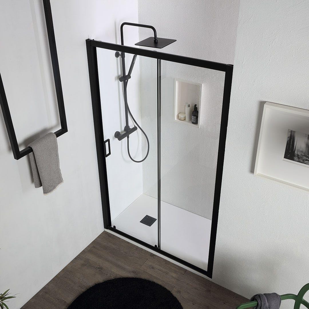 Kiamami Valentina - Porte de douche niche 130 cm noir mat avec installation réversible | City