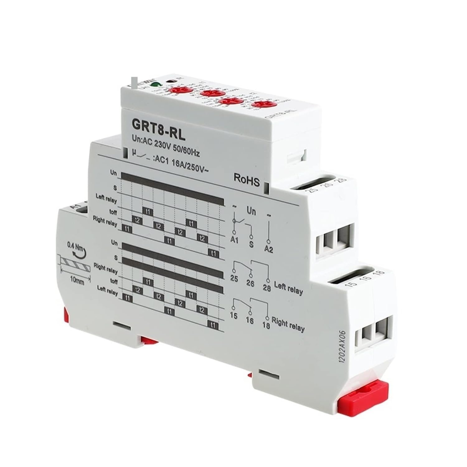 Wyłącznik GRT8-RL 16 A, przemiennik prawo-lewy, przekaźnik czasowy, przekaźnik AC 2NO2NC, AC 230 V lub AC/DC 12-240 V, 1 szt. (GRT8-RL AC230V)
