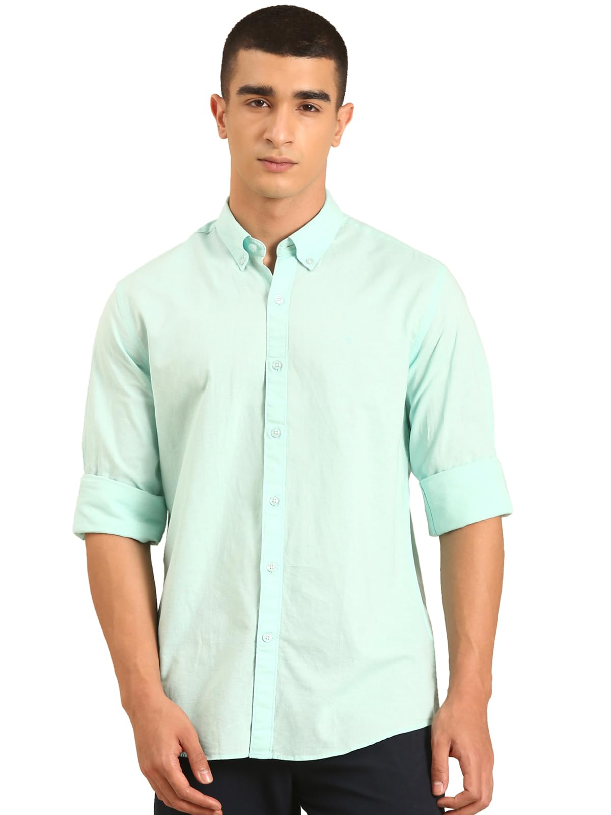 Men's Blended Linen Mint Solid Contemporary Fit Full Sleeve Casual Shirt-image-23