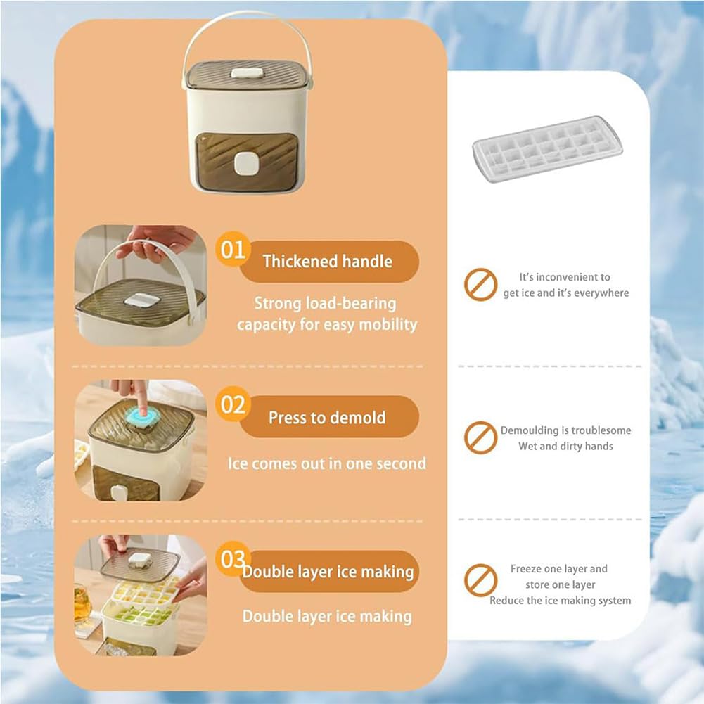 Máquina de Cubitos 48 Rejillas con Tapa de Prensa, Bandeja Hielo Doble Capa para Congelador, Molde Silicona de Liberación Rápida y Caja Almacenaje con Pala para Whisky o Cóctel (A+Insulated Bag)