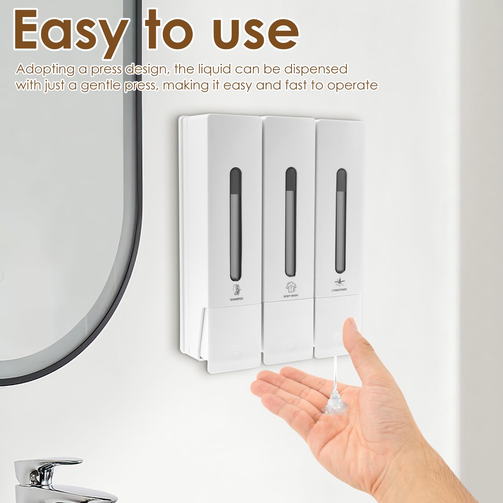 3 dispenser di sapone senza foratura, dispenser per shampoo e balsamo, per bagno, gel doccia, montaggio a parete, 3 dispenser per shampoo da 400 ml, erogazione uniforme di liquidi per sapone liquido e