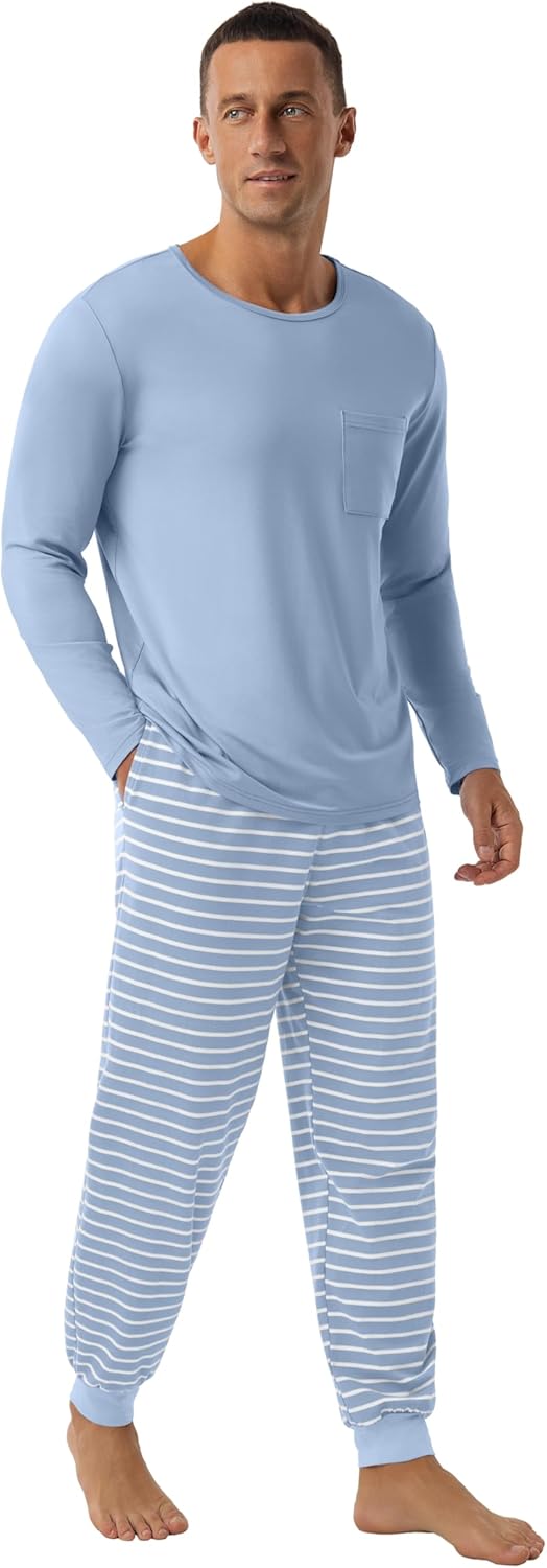 PrinStory Mens Pajamas Set Long Sleeve Pjs 2 Piece Pajama Soft Sleepwear Loungewear with Pockets - Image 5