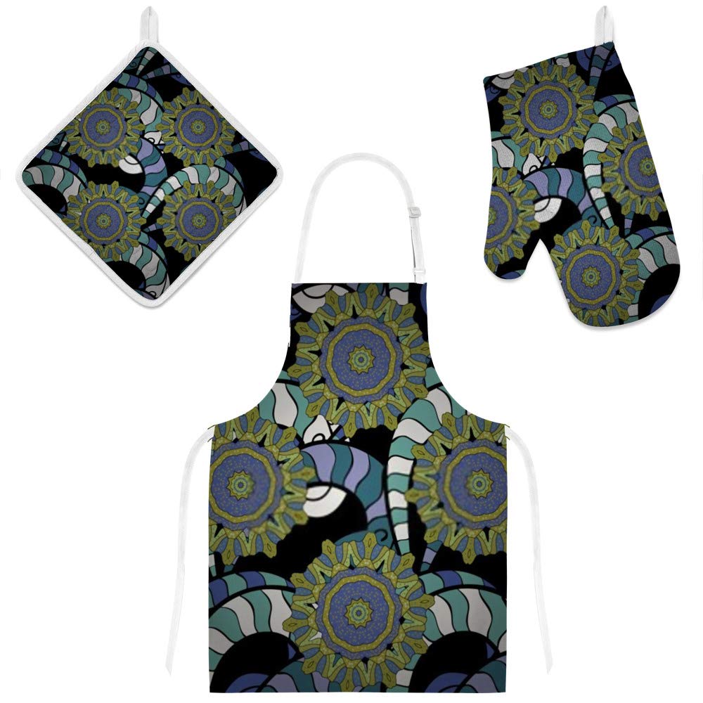 Tablier de cuisine art oriental avec son lot de 2 maniques assorties