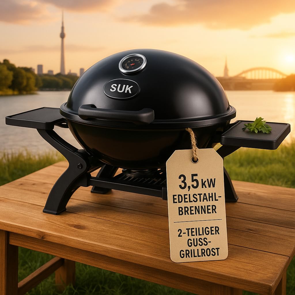 Manhattan stołowy grill gazowy (czarny) z rusztem żeliwnym (owalny, 48 x 36 cm), moc 3,5 kW, składane półki i termometr – grill na balkon, kemping i do aktywności na świeżym powietrzu