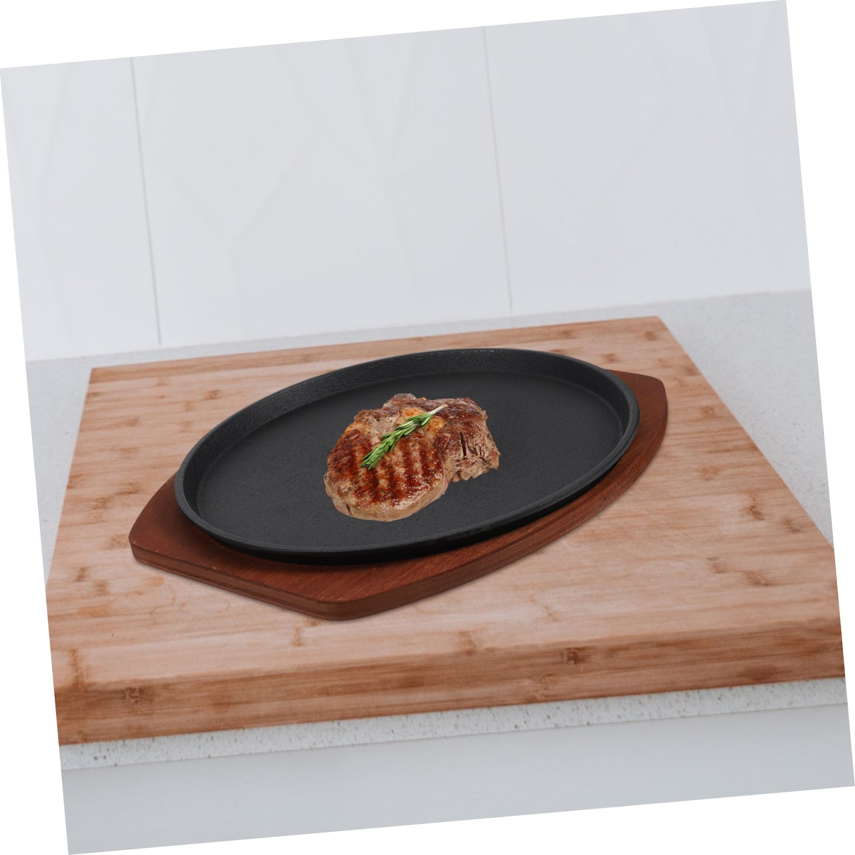 Plancha de Hierro Fundido para Asar Redonda Base de Madera Sartén para Bistec con Calentamiento Uniforme Bandeja Resistente para Barbacoa y Cocina Casa