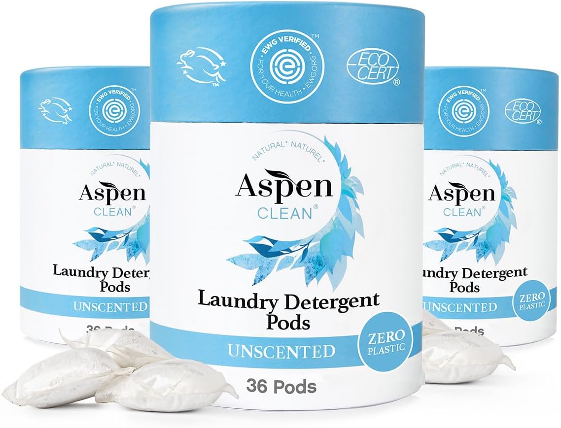 AspenClean | Laundry Pods | Unscented | Clean Detergent for Sensitive Skin | Zero Plastic | Non - Toxic | 100% Natural | EWG Verified - 36 Count (3 Pack)