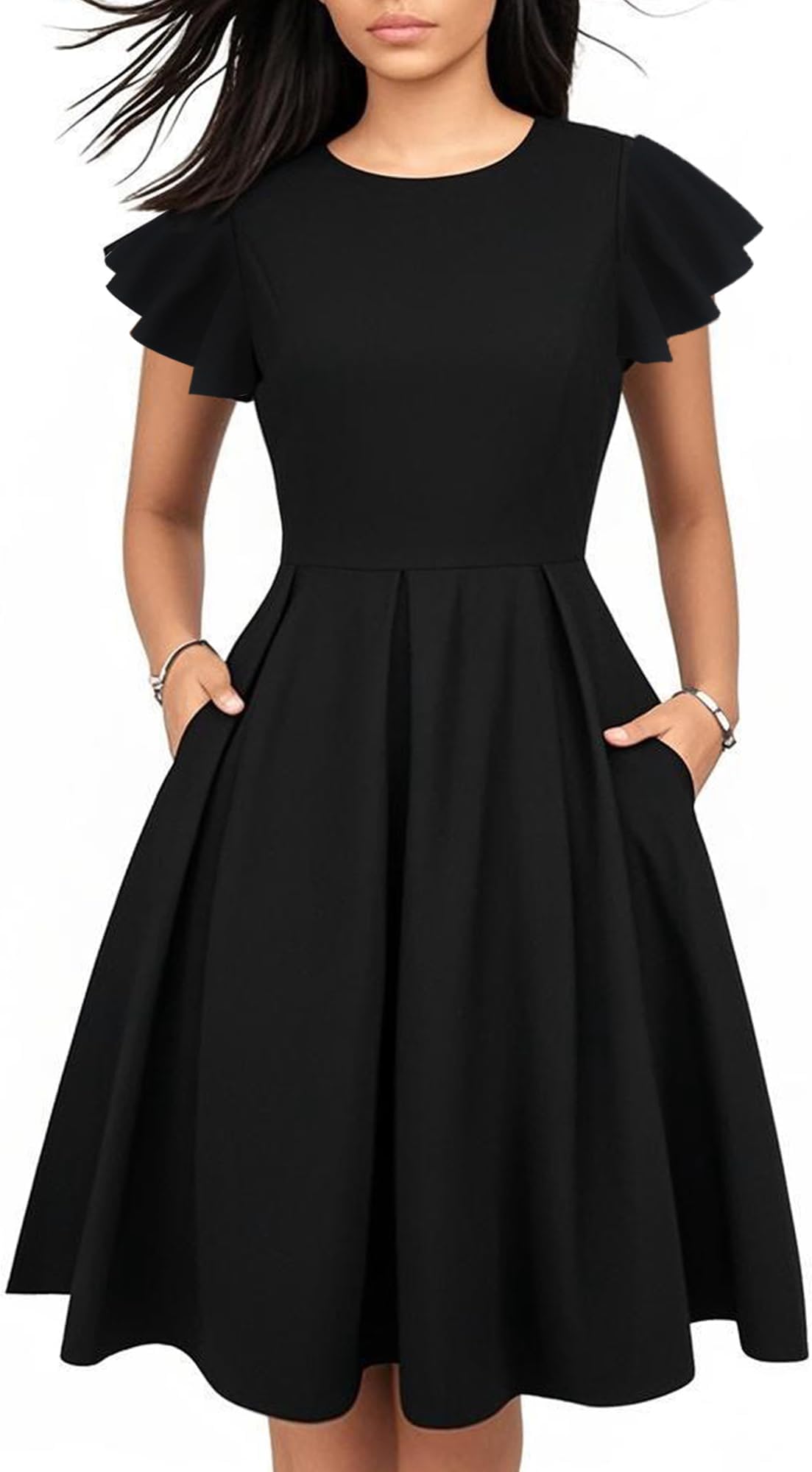 Women's Flounce Sleeve Wedding Church Vintage Dresses Casual Floral Party Cocktail Work Dress with Pockets Fei376