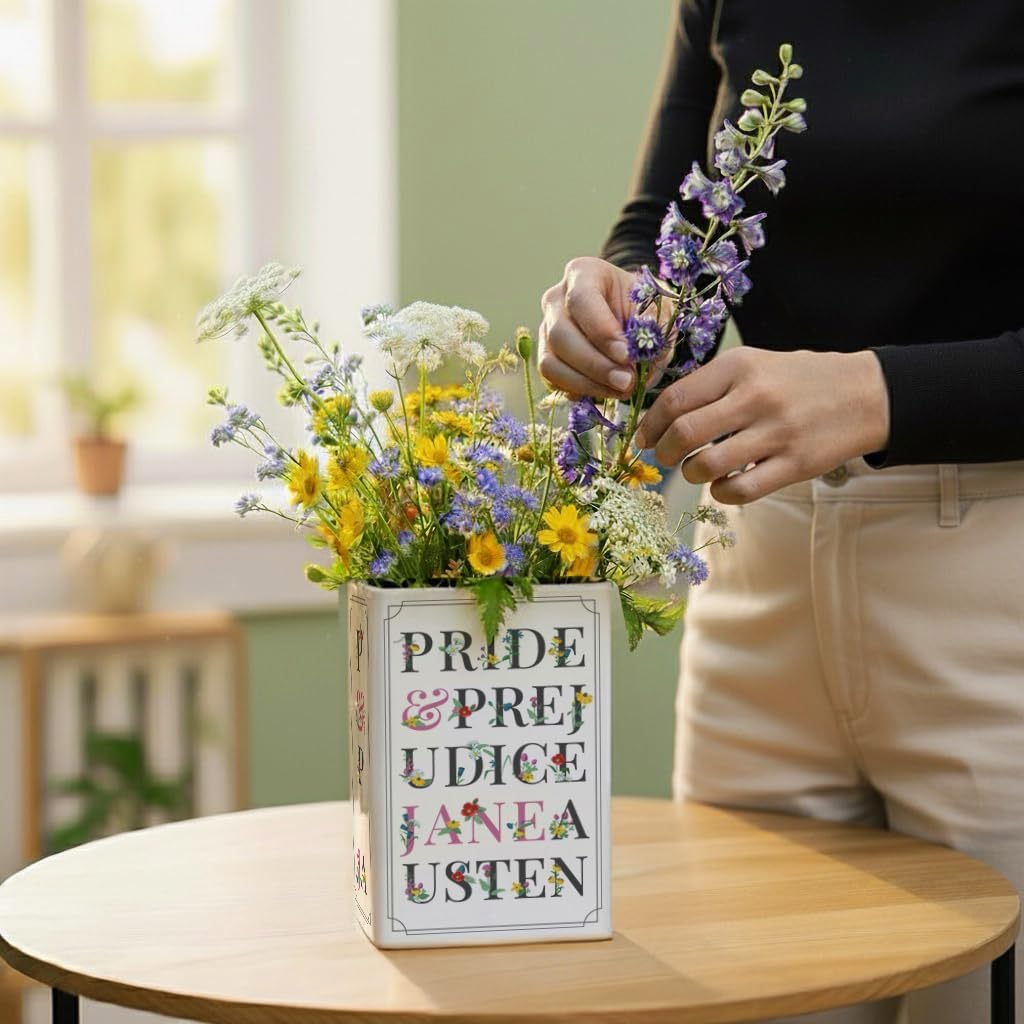 Hazel and Harold’s Pride and Prejudice Book Vase – Large Ceramic Flower Vase with Bookmark and Gift Box