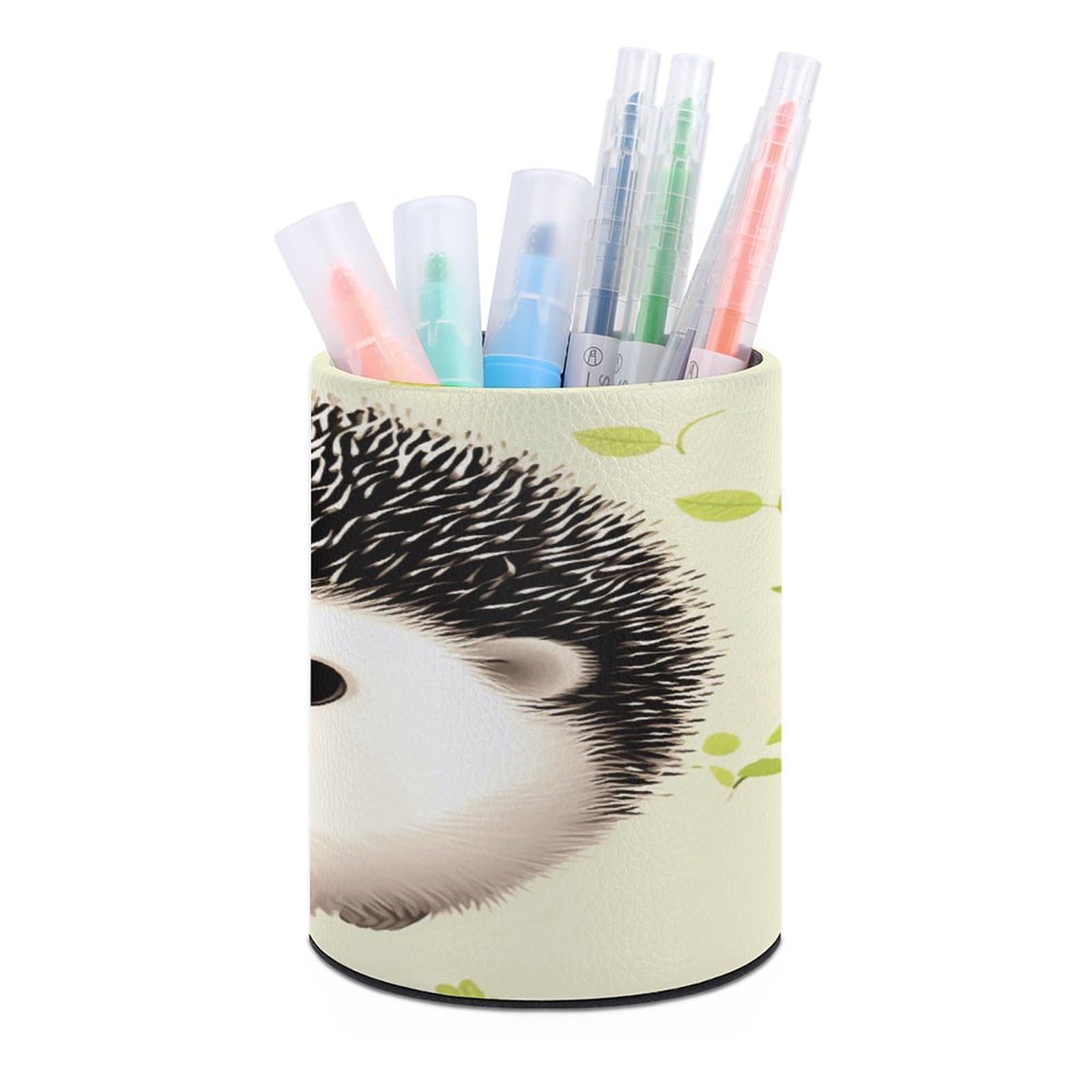 VstaDank Cute Hedgehog Pen Holder Leather Pencil Cup Round Pencil Holder for Desk Organizer Personalized Pen Cup Fashion Pen Organizer Makeup Brush Holders for Office Home&Gift