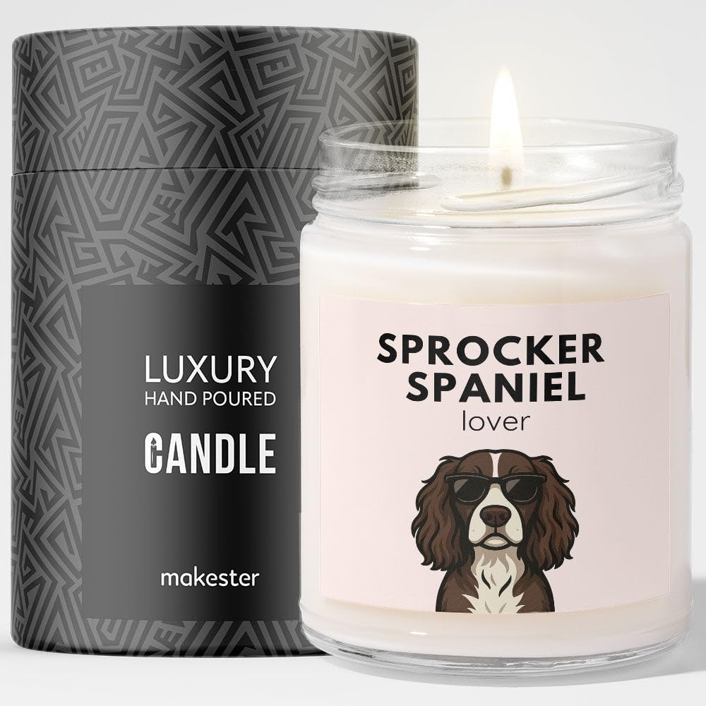 Sprocker Spaniel Gifts - Luxury Soy Wax Candle - Vanilla, Jasmine, Sugared Almond - Dogs in Shades - Makester