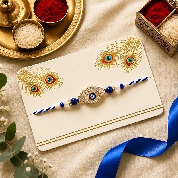 Image of PRINT BHARAT Rakhi for Brother with Coaster, Kumkum & Chawal | Traditional Beaded Thread Rakhi with Royal Kalai Thread | Raksha Bandhan Gift Hamper