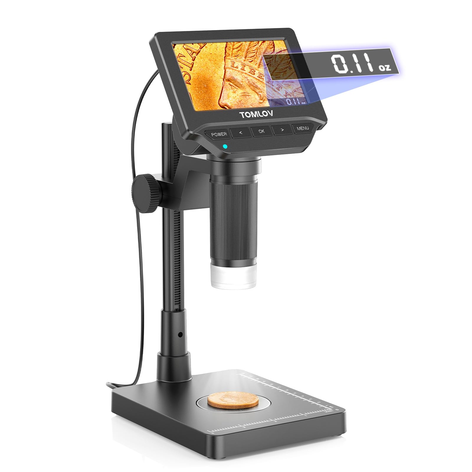 TOMLOV Coin Microscope LCD Digital Microscope 1000X, Coin Magnifier with 8 Adjustable LED Lights, PC View Compatible with Windows/MacBook, Built-in Long Lasting Battery, DM4 Lite, 4.3 Inch