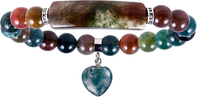 Nupuyai Healing Crystal Stone Bracelet for Women, Lucky Heart Charm 8mm Beads Stretch Bracelet