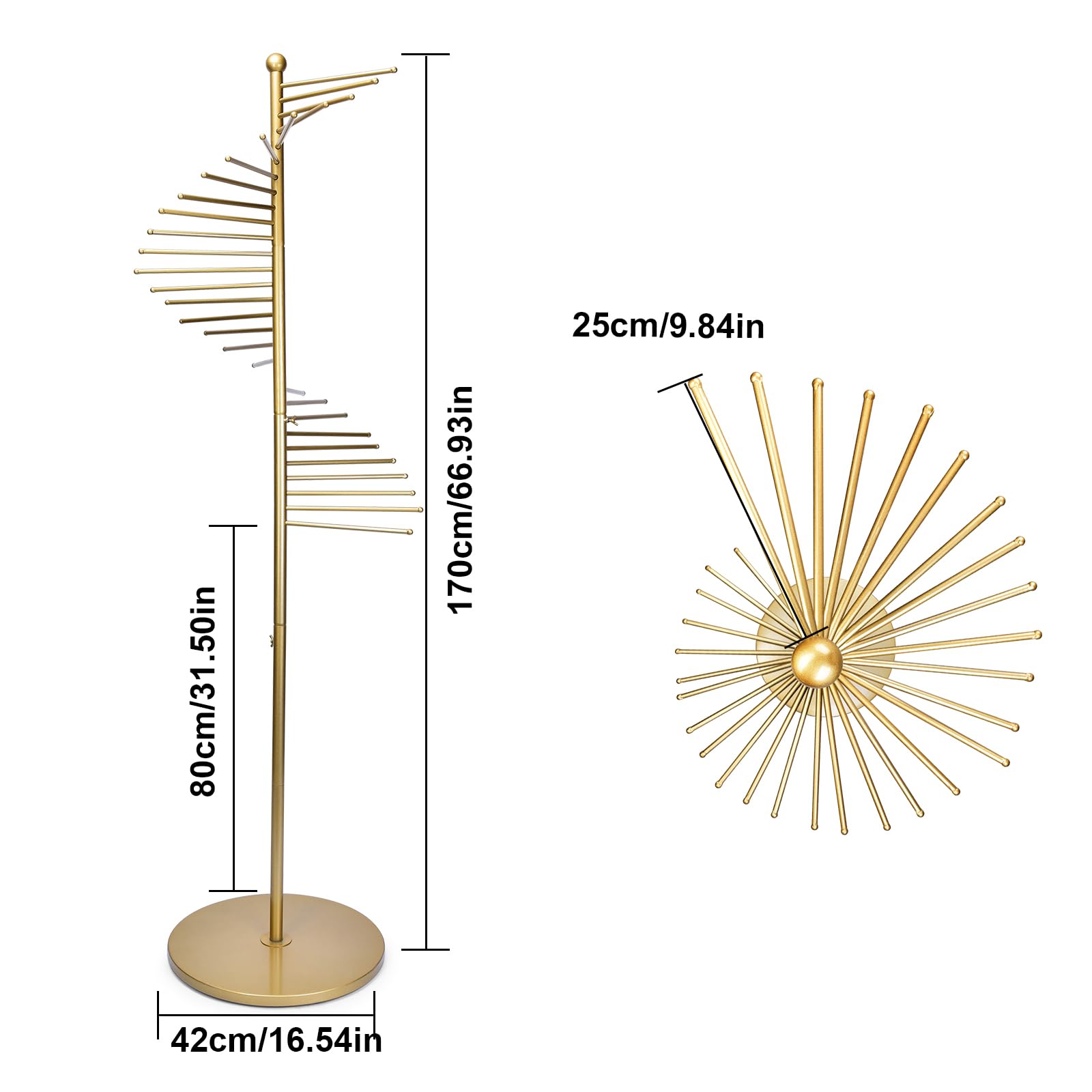 Schalhalter für Schals Krawatten, 150/170 cm Höhe Einstellbar, Schalaufhänger Freistehend mit 22 Kleiderstangen,Metall Spiralschalhalter Hängeorganizer für Schals Krawatten Gürtel (Gold)