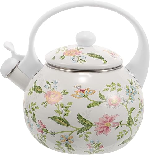 HEMOTON Hervidor de té silbante de 2.2 cuartos de galón, 2.2 L, esmalte floral sobre acero, tetera con asa para estufa, tetera esmaltada vintage