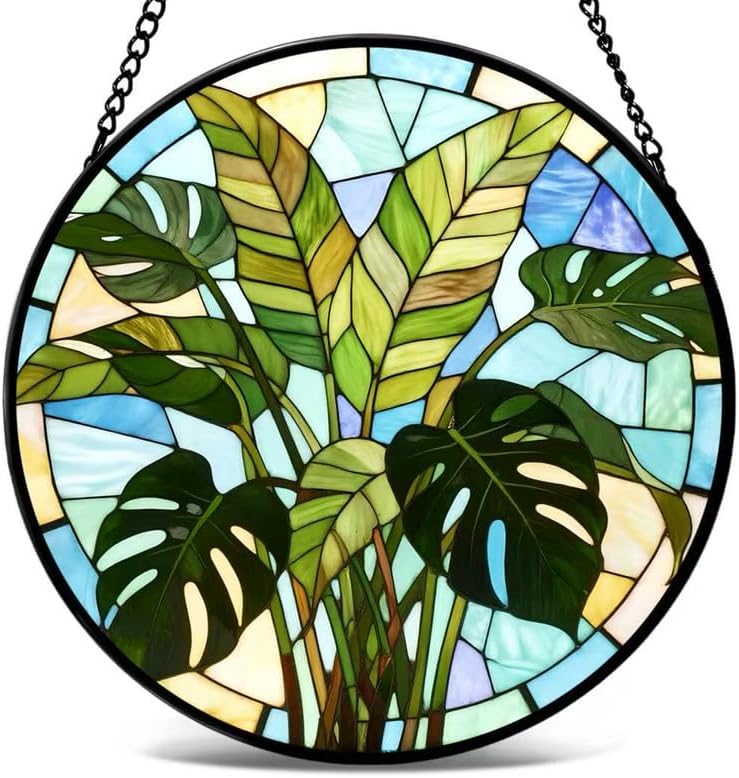 Stained Glass Window Hanging- Tropical Plant Design，Suncatcher for Window, for Christmas, Mother's Day and Plant Lovers