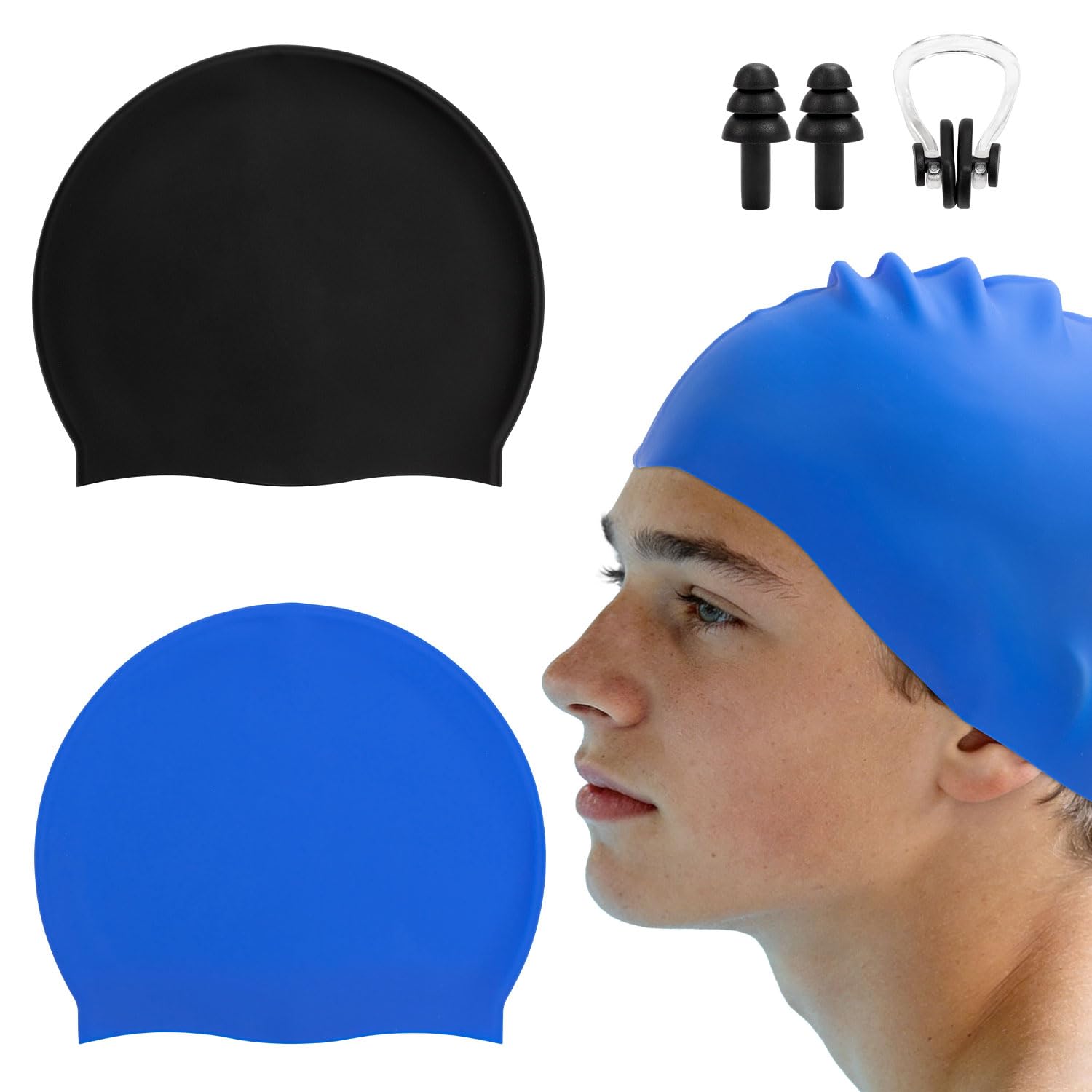 Kids Swimming Cap, 2 Pack Silicone Swim Cap for Boys and Girls, Anti-Slip Waterproof, Stretchable Swimming Hat for Ages 6-14 Years (black+blue, 10-15 years old)