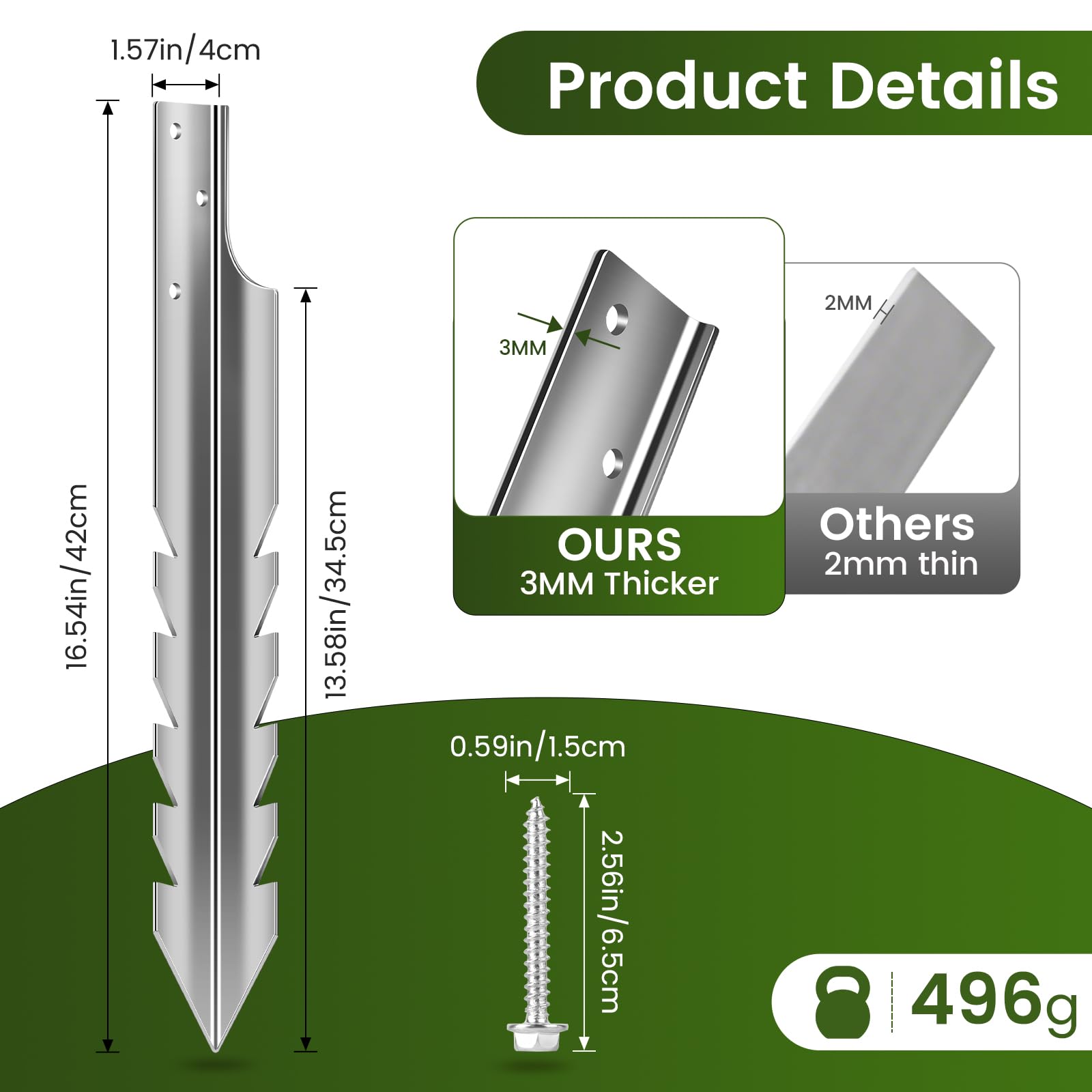 Anclajes al Suelo para Columpios, Plateado-8x42cm | Acero de 3 mm de espesor, galvanizado en caliente de 60 μm, bordes dentados mejorados, resistente al agua y a la corrosión