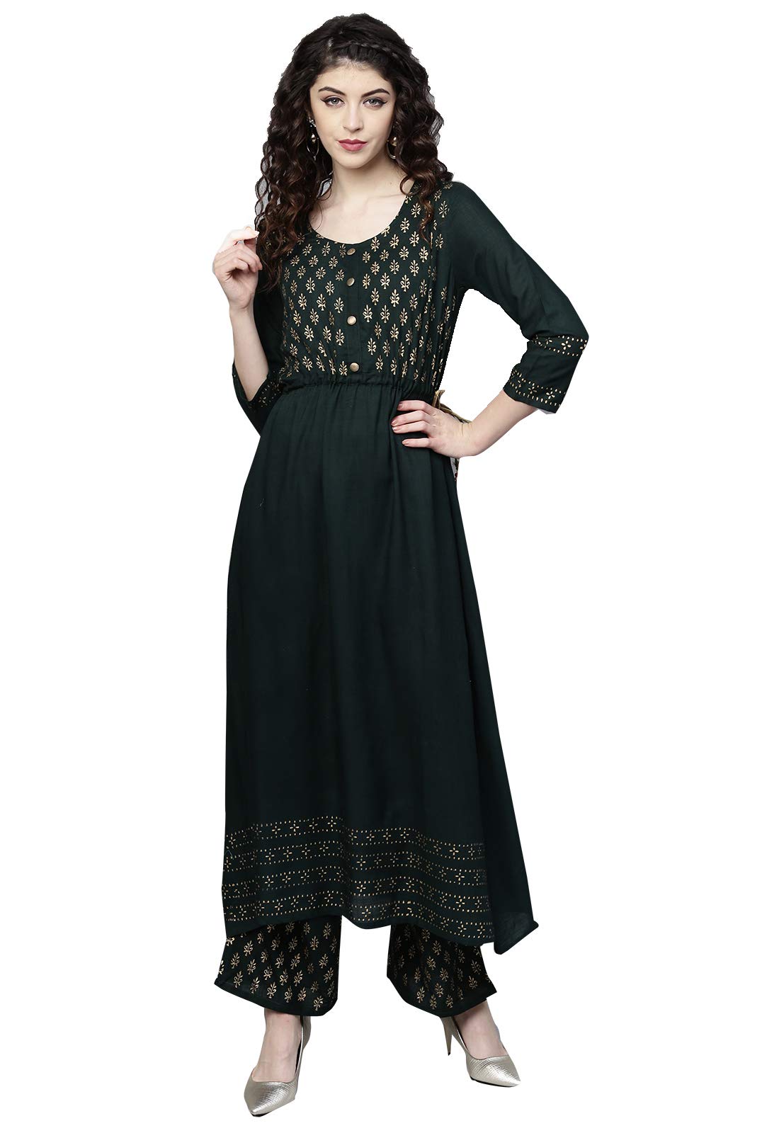 Ishin Women's Rayon Green Printed Anarkali Kurta Set With Palazzo