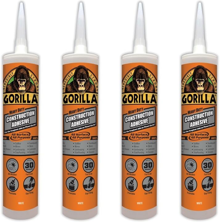 Gorilla 8010001-4 Heavy Duty Construction Adhesive, 9 oz, White, (Pack of 4), 4 Pack