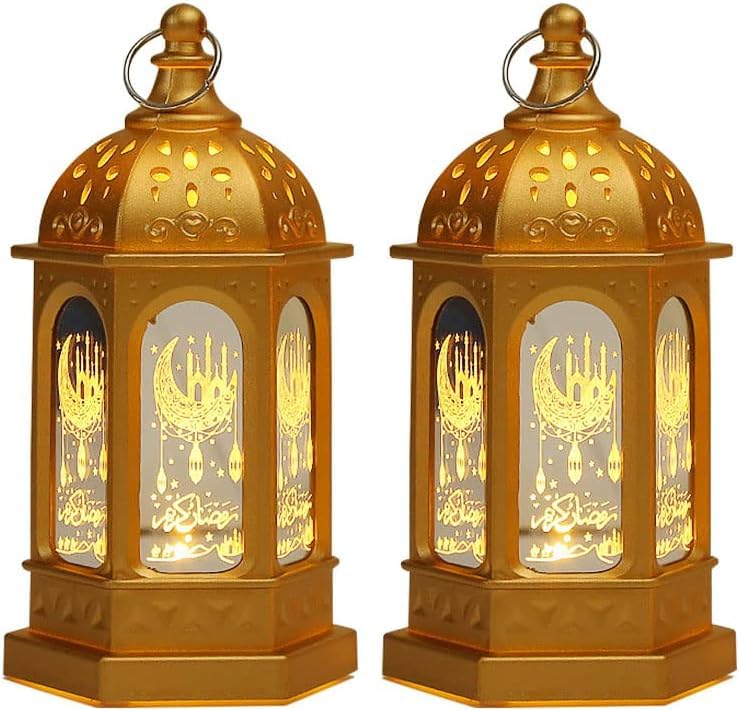 Ramadan Decorative Lantern 2 Pieces , Ramadan Candle Lantern - LED Eid Mubarak Lamp with Creative Design for Home and Party Supplies