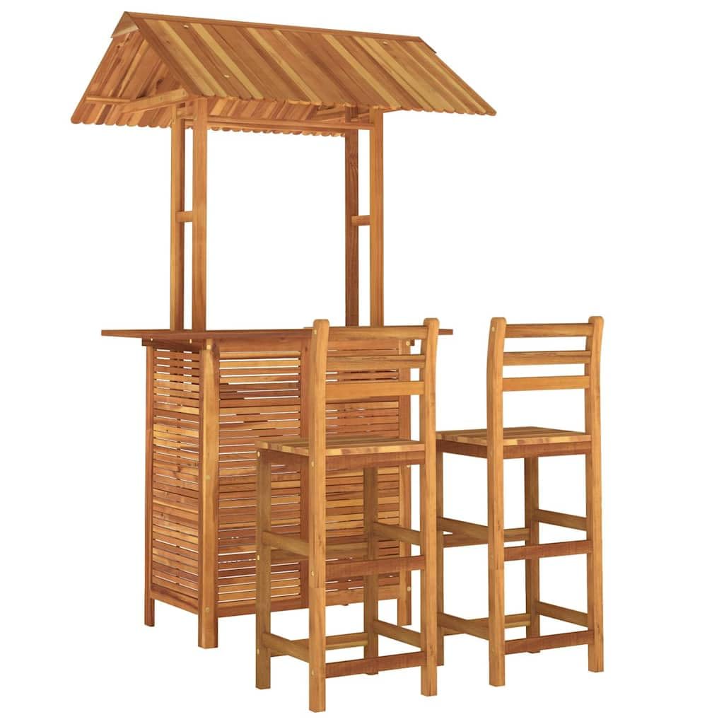 Juego de muebles de jardín de madera de acacia de 3 piezas con mesa y taburetes para patio, balcón y jardín, resistente a la intemperie, duradero, con dosel, ideal para relajarse y celebrar