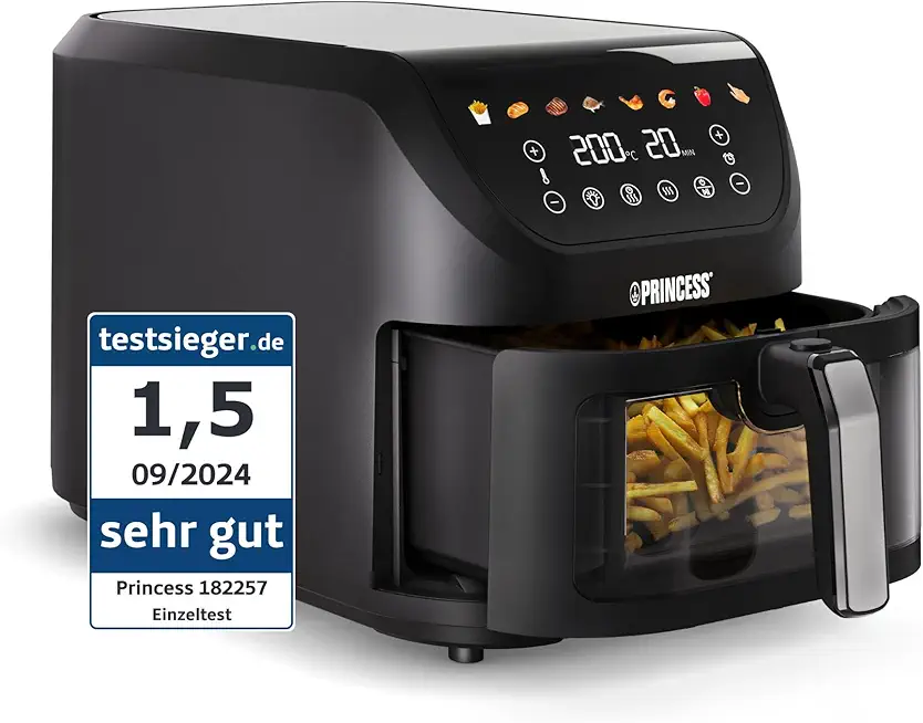 Princess SlimFry Airfryer, 8L Fassungsvermögen, 2000W, 8 Programme, Digitales Touchscreen, Einstellbare Temperatur, Sichtfenster, Automatische Abschaltung, Spülmaschinenfest, 182257