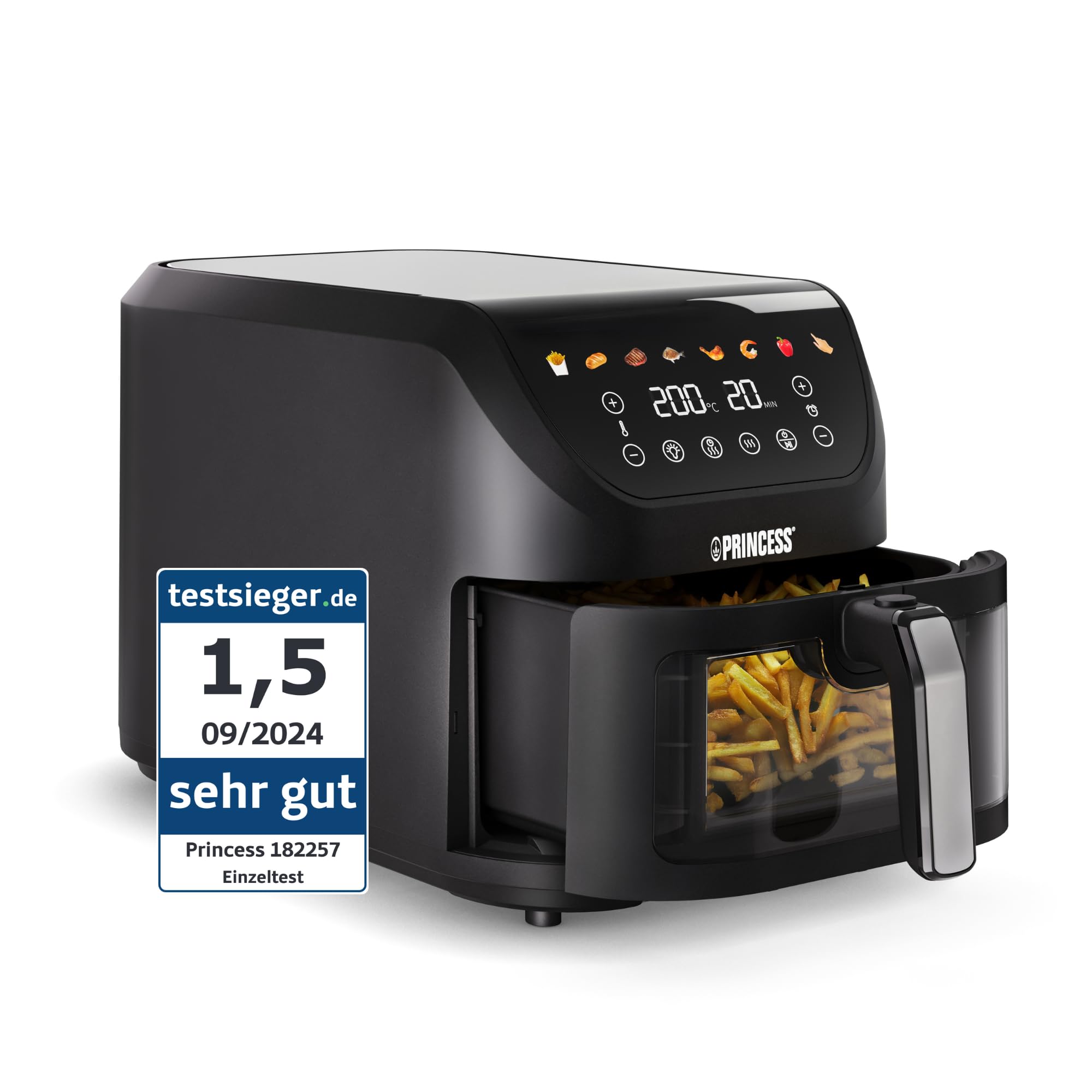 Princess SlimFry Airfryer, 8L Fassungsvermögen, 2000W, 8 Programme, Digitales Touchscreen, Einstellbare Temperatur, Sichtfenster, Automatische Abschaltung, Spülmaschinenfest, 182257