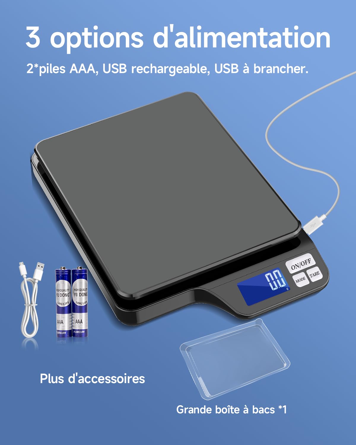 Ricarica USB 5000 g/0.1 g Bilancia da cucina elettronica di alta precisione con, Piattaforma di pesatura extra large in acciaio inossidabile 9 unità e funzione tara, bilancia alimentare